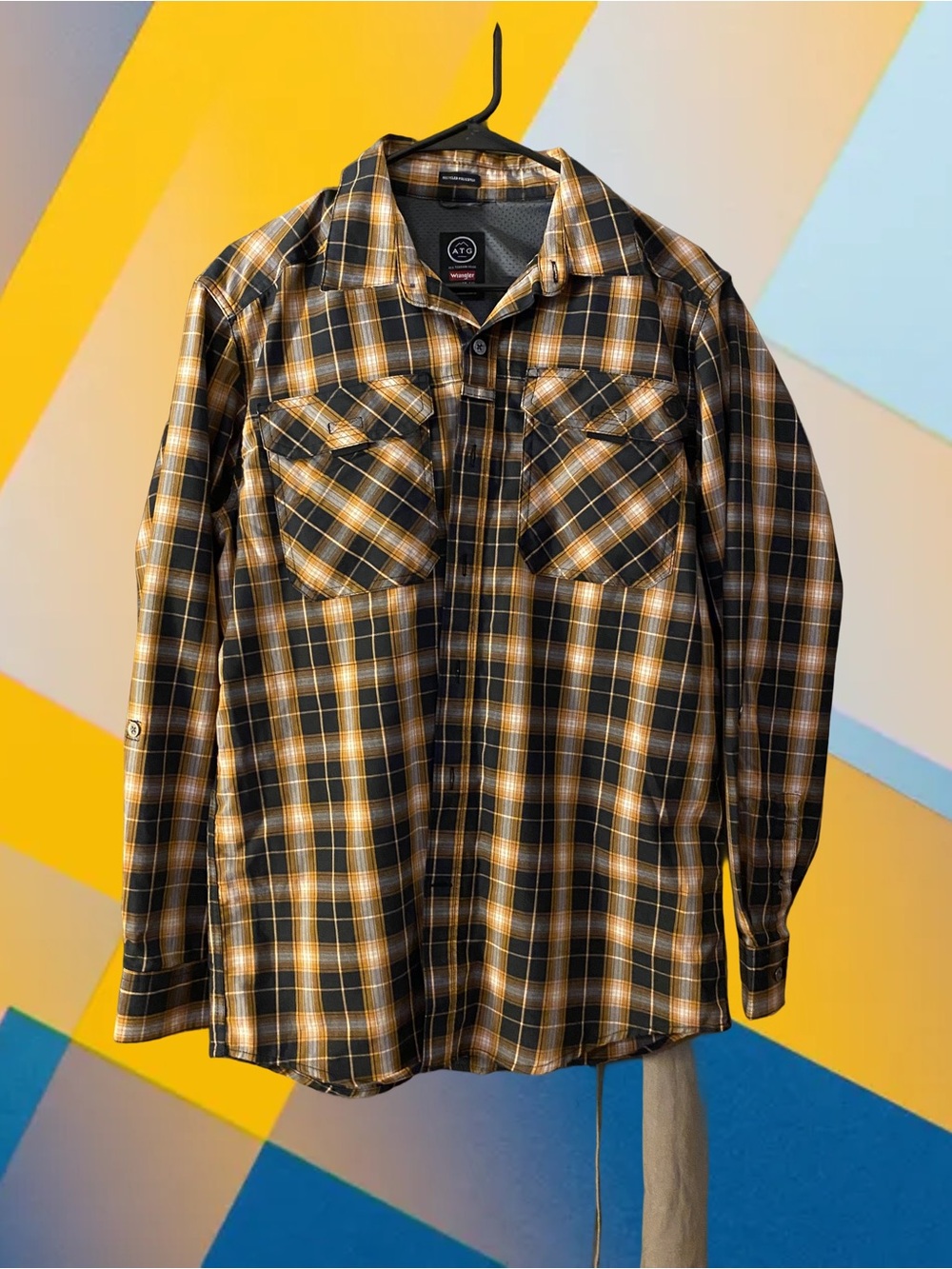 Wrangler ATG buttondown outdoor long sleeve shirt navy blue and yellow plaid